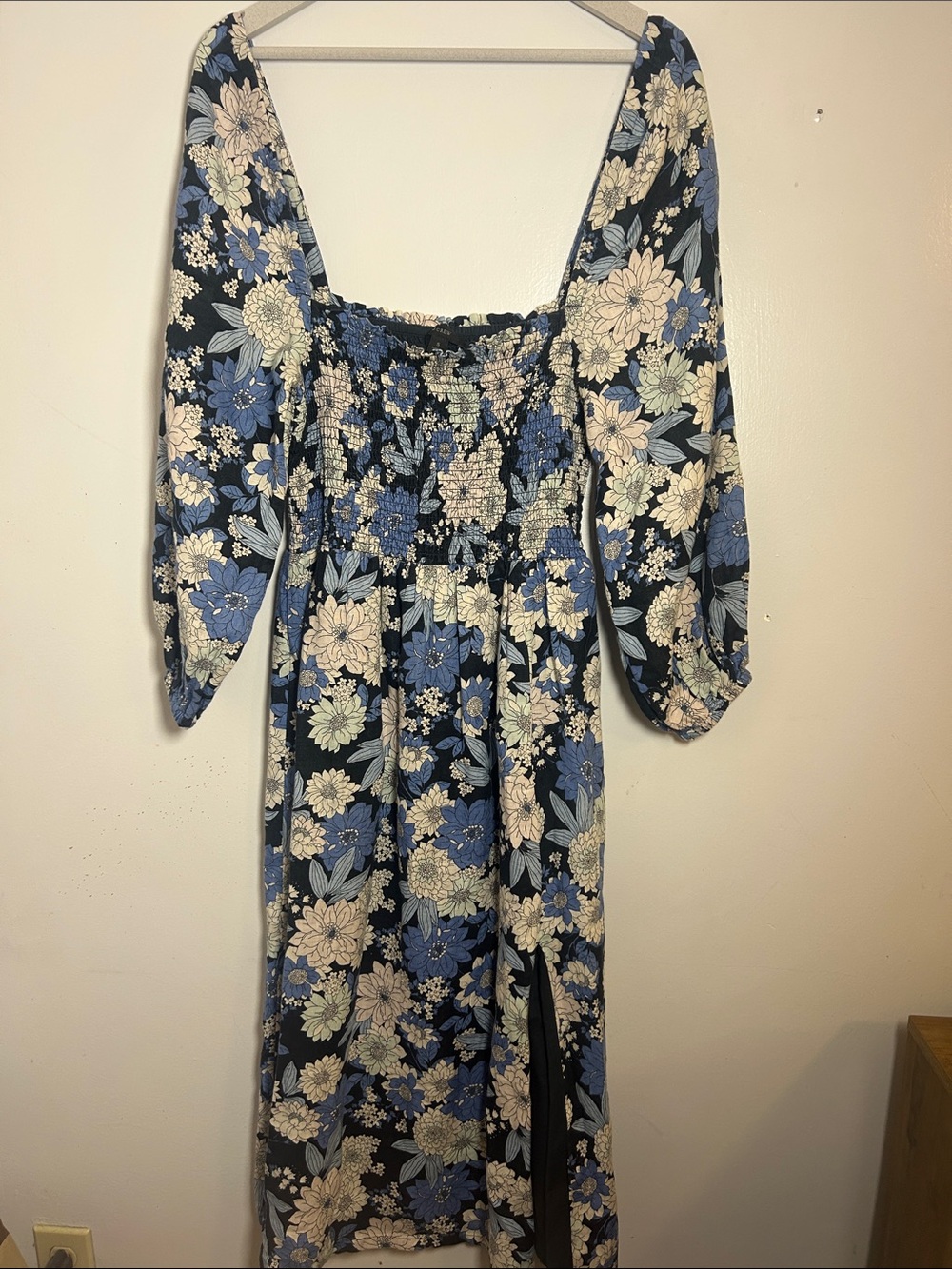 J. Crew Blue and Cream Floral Smocked Midi Dress